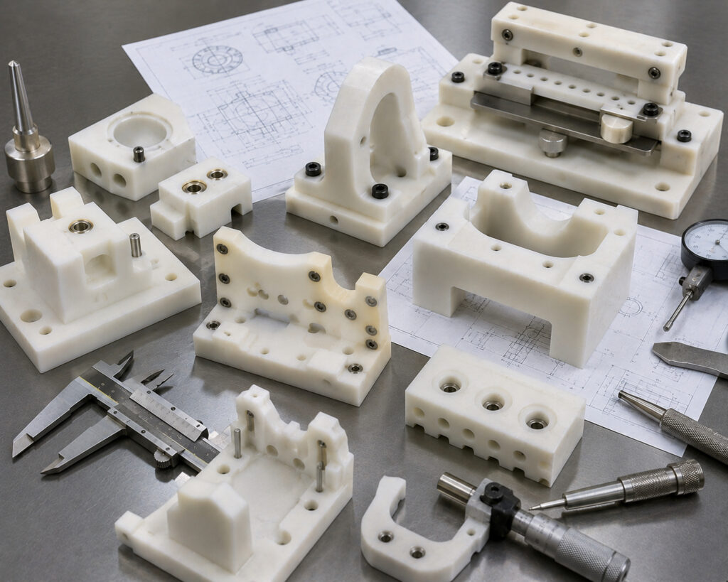 Acetal POM aerospace inspection nests assembly jigs and protective fixture components beside technical drawings