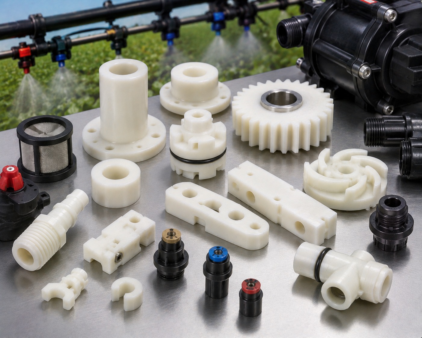 Acetal POM agriculture equipment components including irrigation fittings sprayer nozzles and bushings