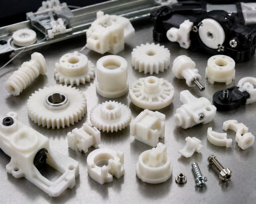 Acetal POM automotive mechanical parts including window regulator gears door lock parts and seat adjustment components