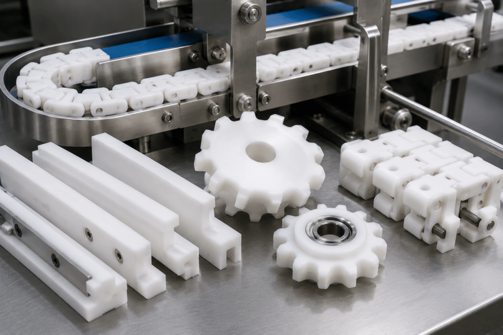 Acetal POM electrical insulator components beside switchgear and sensor housings