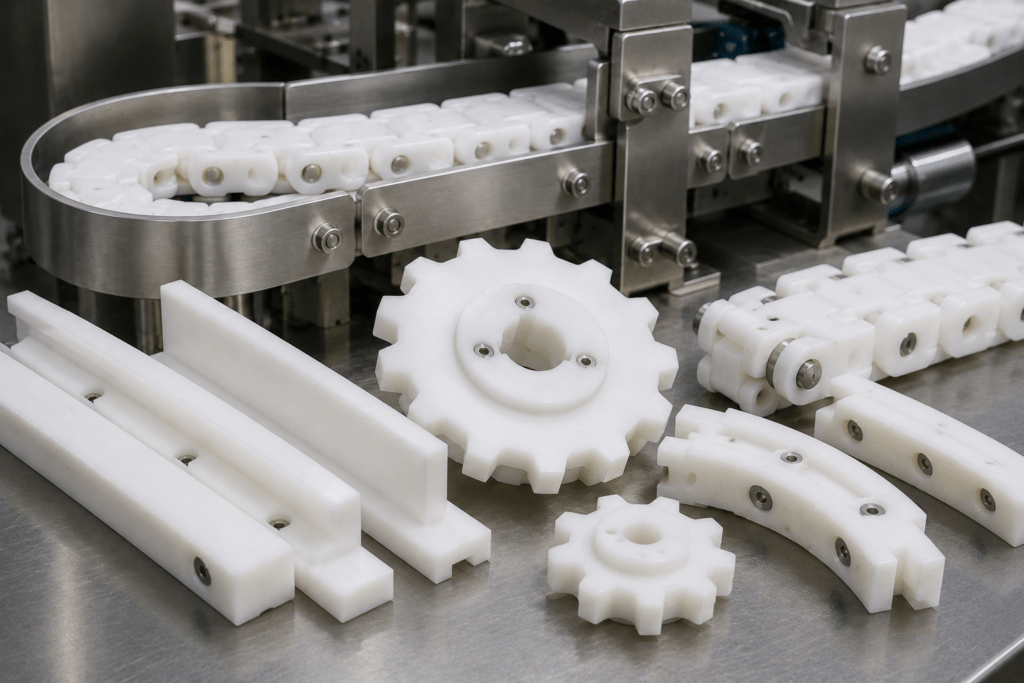 Acetal POM food conveyor guide components with chain links sprockets and stainless equipment