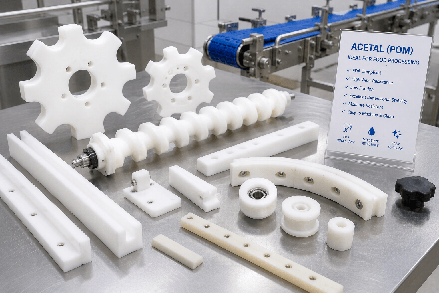 Acetal POM food processing equipment components including conveyor guides rollers and wear strips