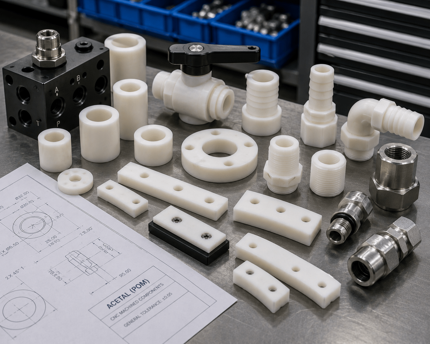 Acetal POM heavy equipment components including bushings valve parts and wear pads