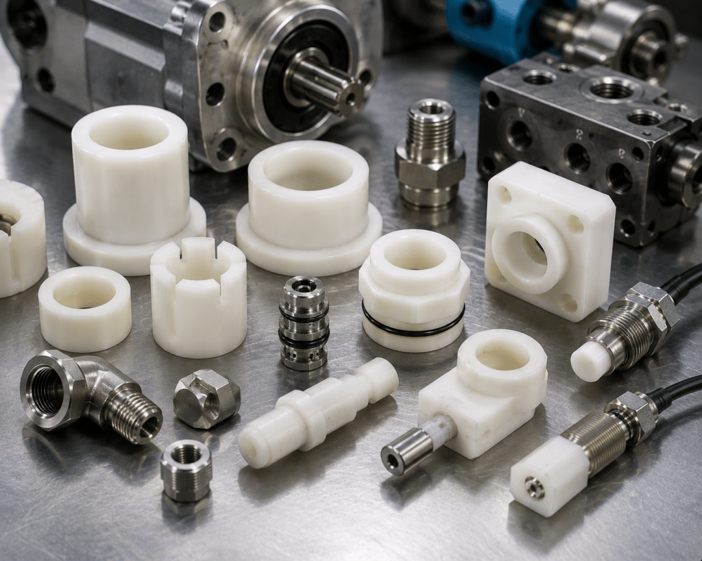 Acetal POM heavy equipment fluid power parts including pump bushings and sensor housings
