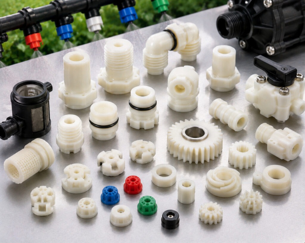 Acetal POM irrigation and sprayer components including nozzle inserts fittings and flow control parts
