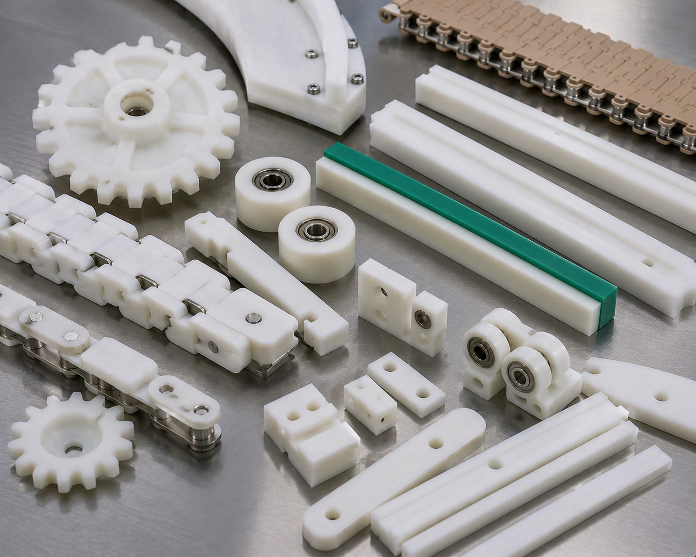 Acetal POM material handling components including conveyor chain links rollers guide rails and sprockets