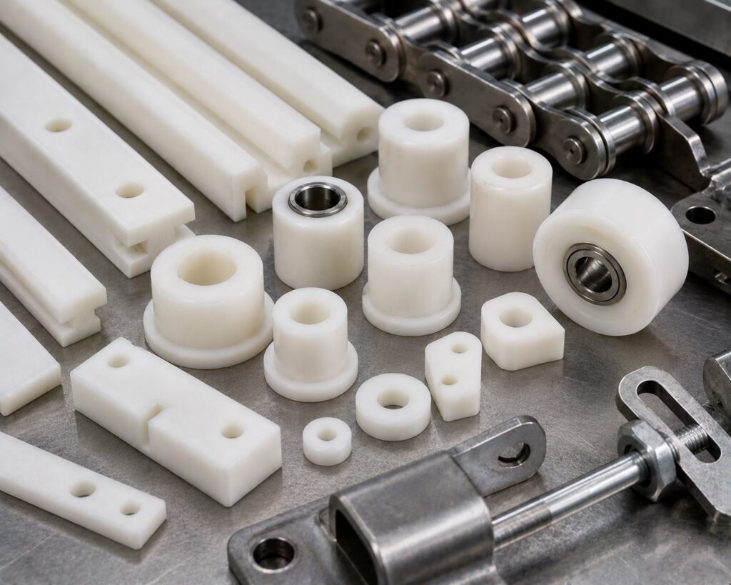 Acetal POM mining conveyor wear parts including idler bushings chain guides and low-friction rails