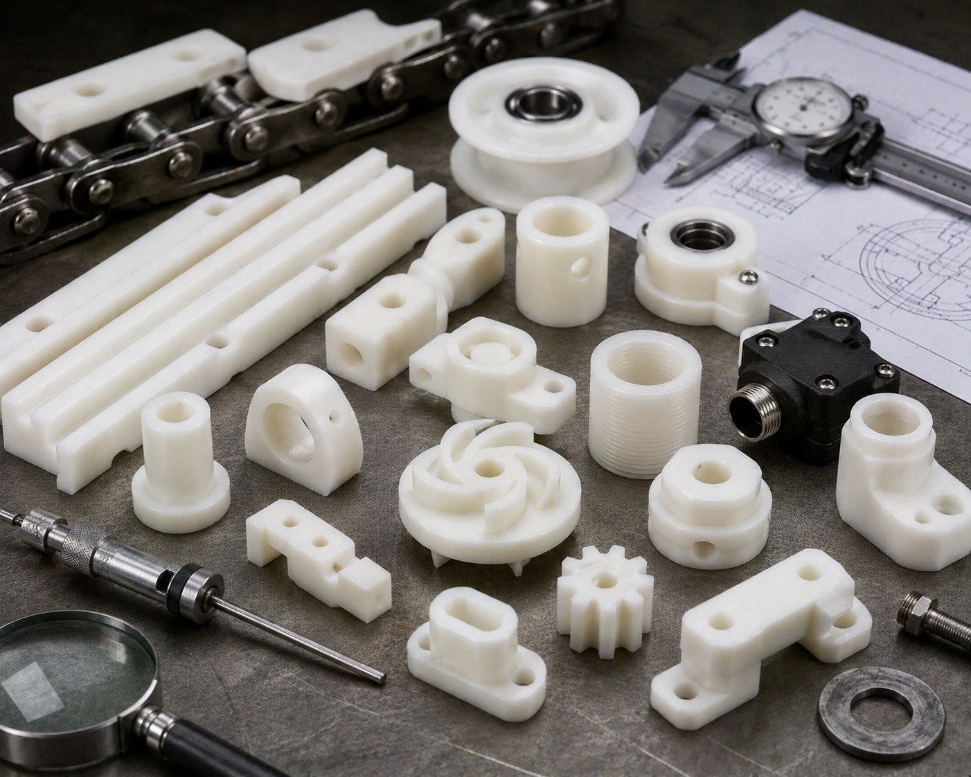 Acetal POM mining equipment components including conveyor bushings chain guides and pump parts