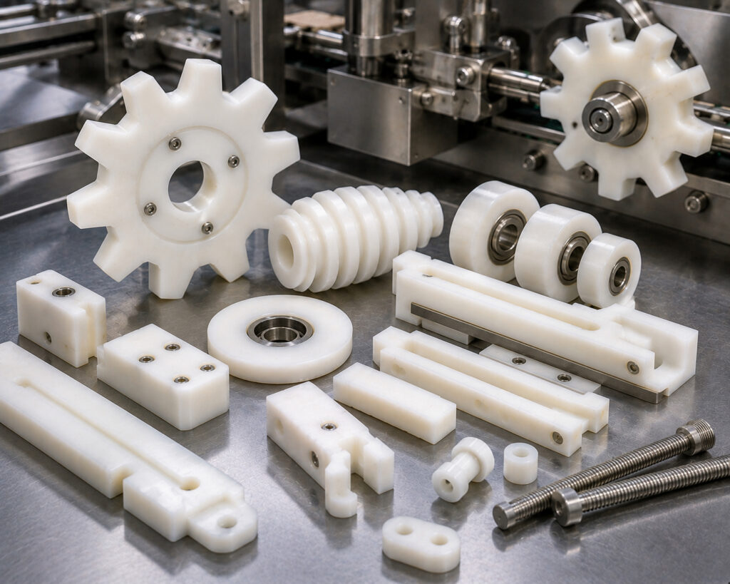 Acetal POM packaging machinery change parts including timing screws star wheels and pusher blocks
