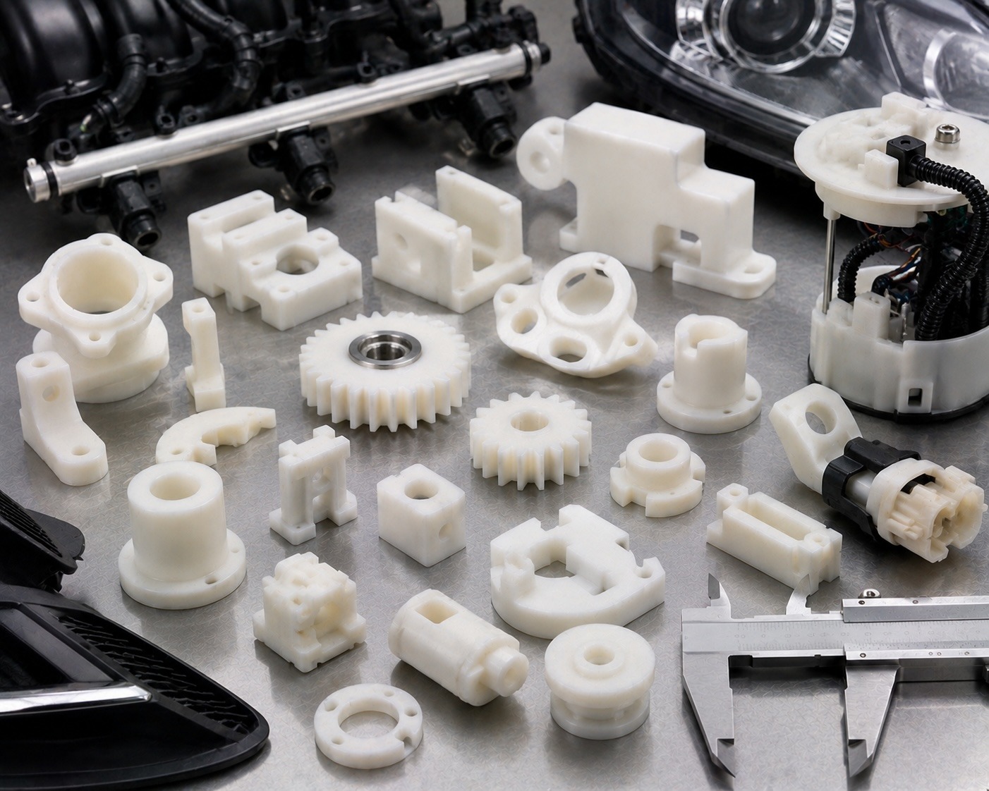Acetal POM transportation applications including gears clips and fuel system support components