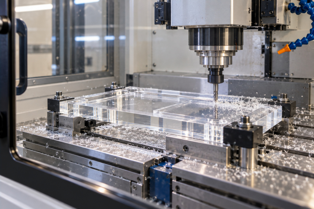 Cast acrylic panel being machined inside an enclosed CNC router