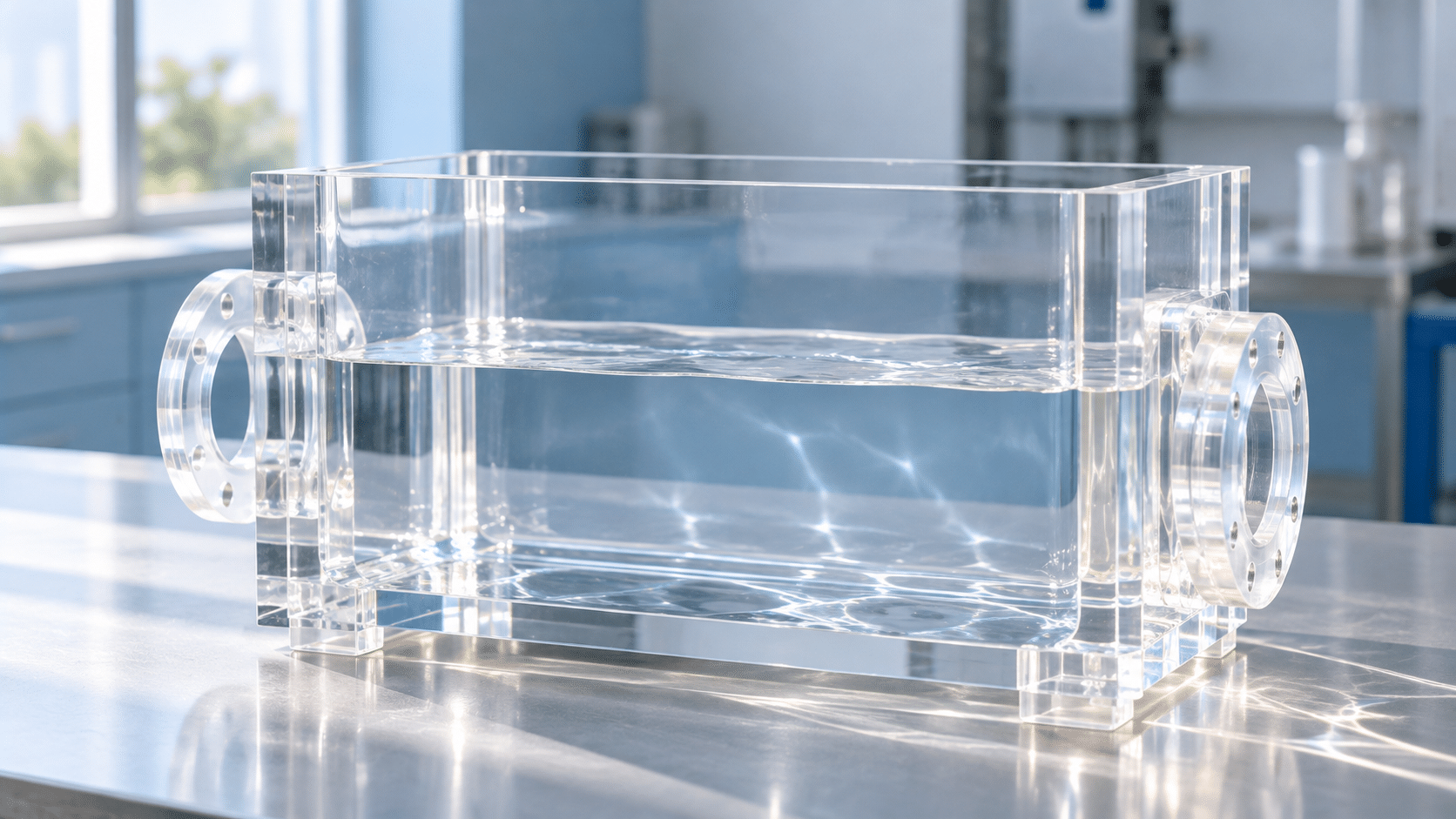 Cast acrylic for fluidics applications shown in a clear water monitoring chamber