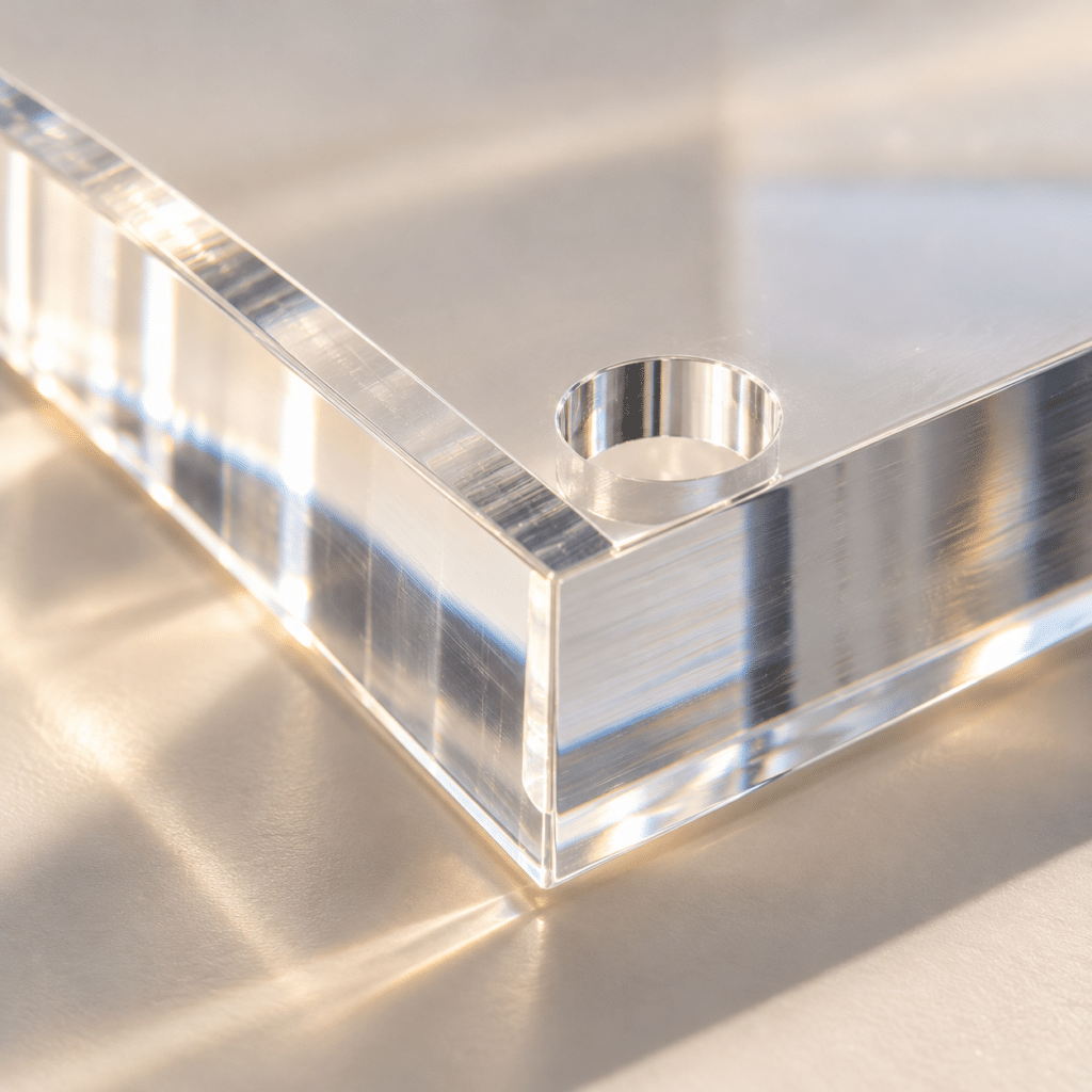 Close-up of a clear cast acrylic sheet edge and drilled mounting hole