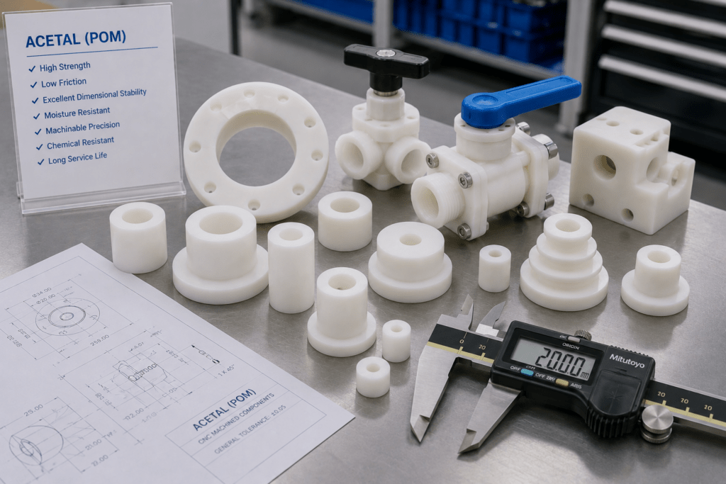 CNC machined acetal POM energy parts including spacers bushings and valve components