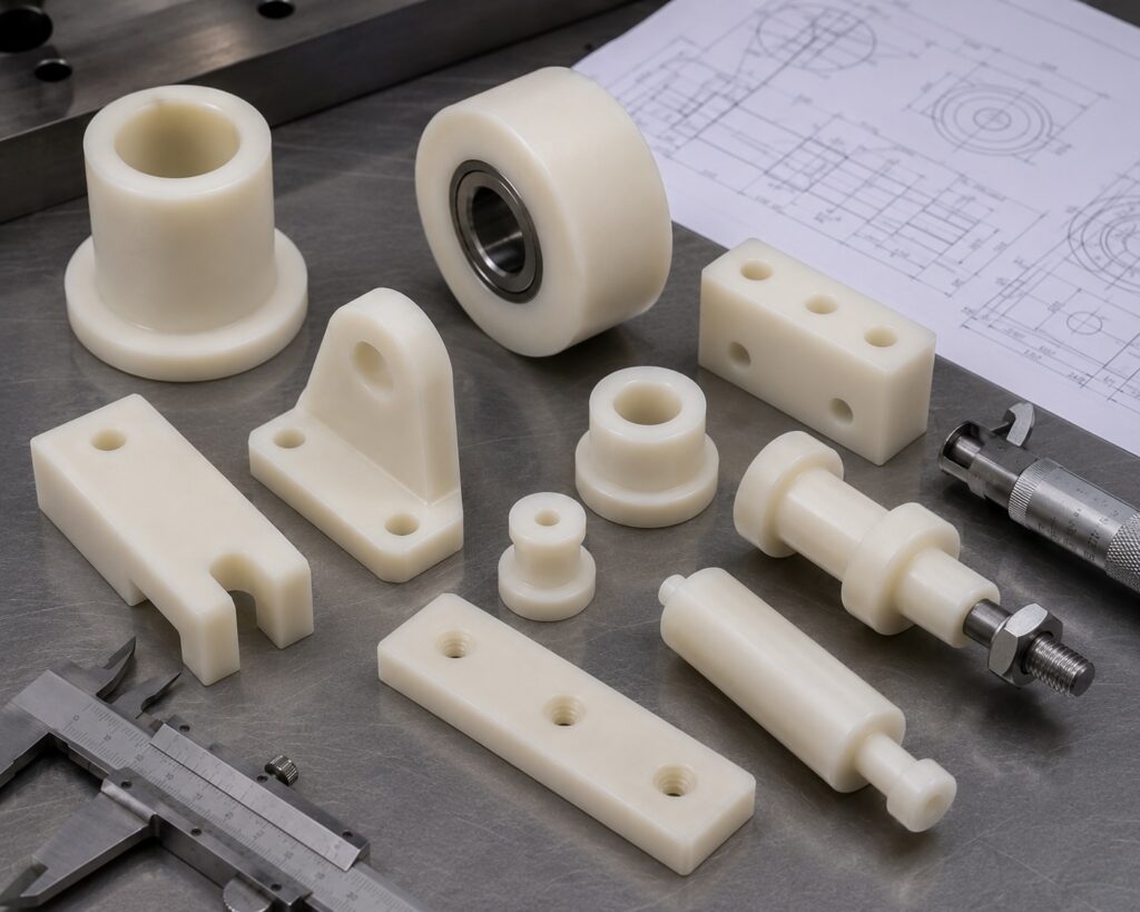 CNC machined nylon OEM parts beside calipers and a technical drawing