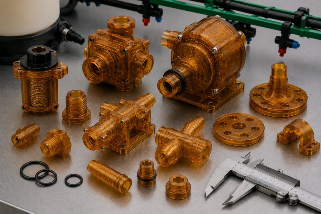 CNC machined ULTEM agricultural fluid handling and valve components beside calipers