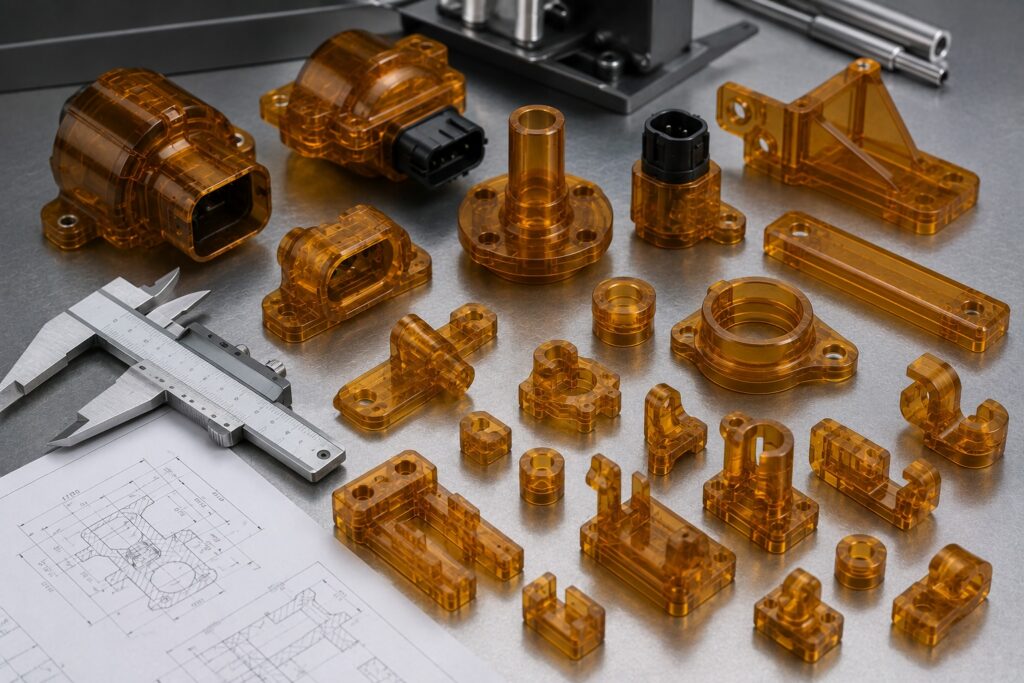 CNC machined ULTEM automotive sensor housings clips and precision supports beside calipers