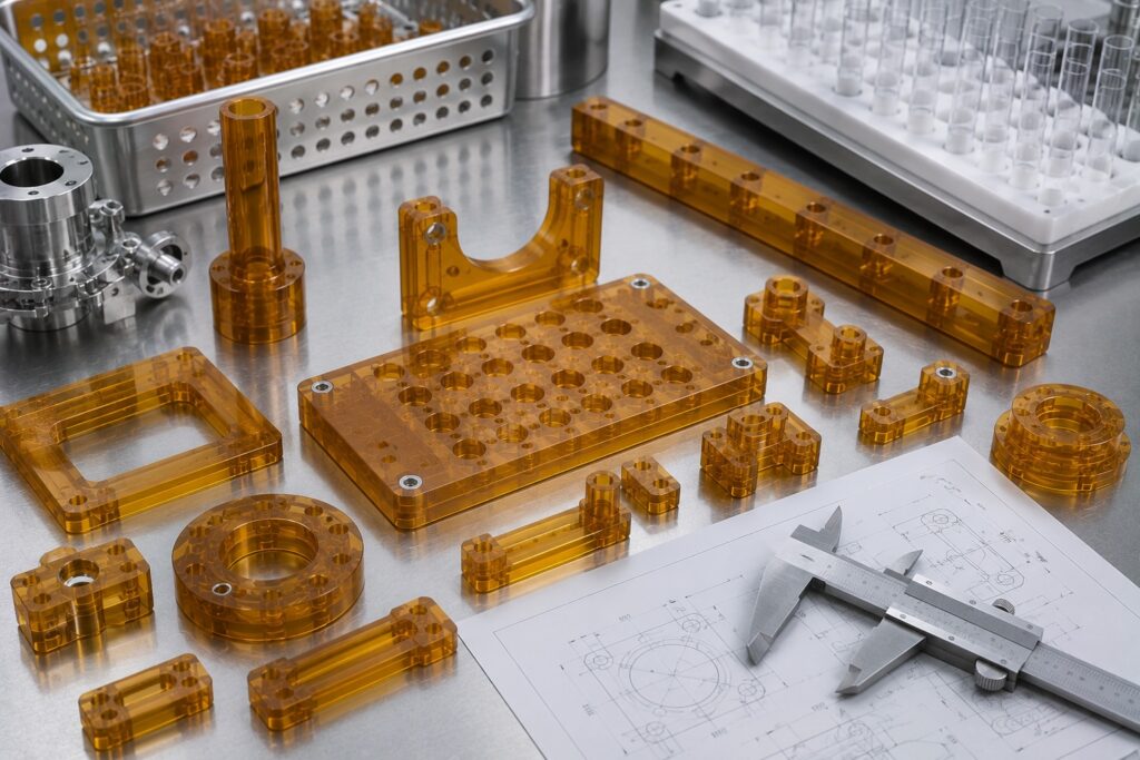 CNC machined ULTEM bioprocessing fixtures and cleanroom tooling beside calipers