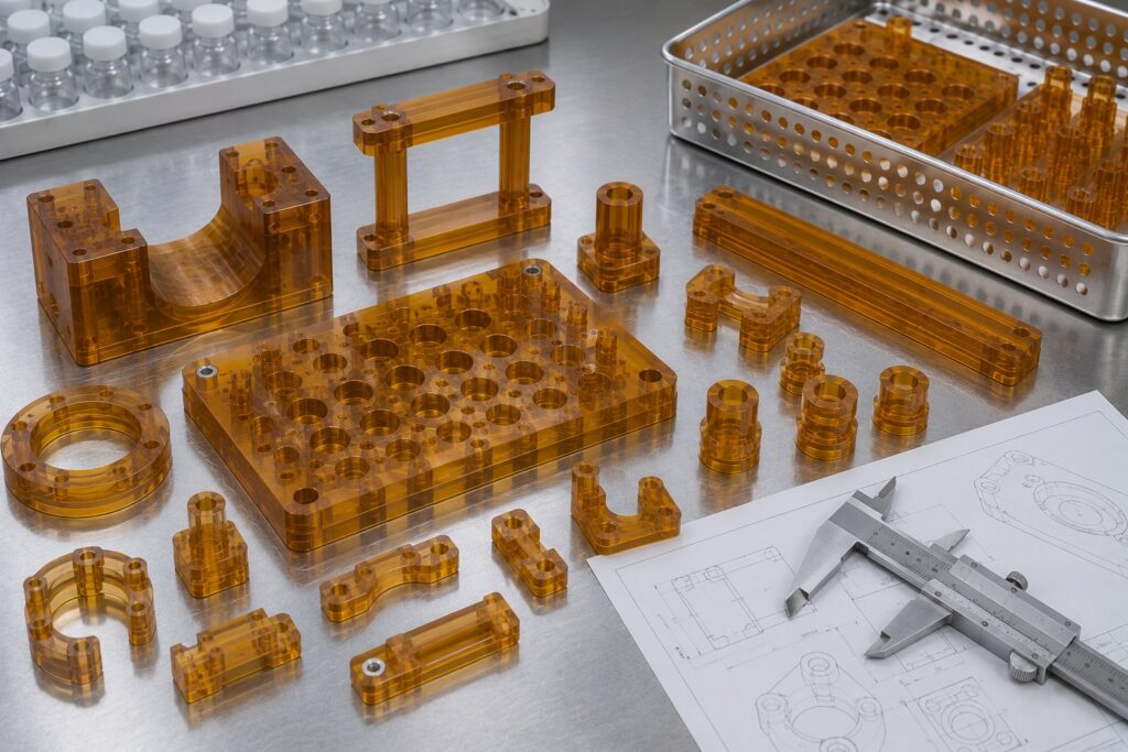 CNC machined ULTEM cleanroom fixtures and pharmaceutical equipment parts beside calipers