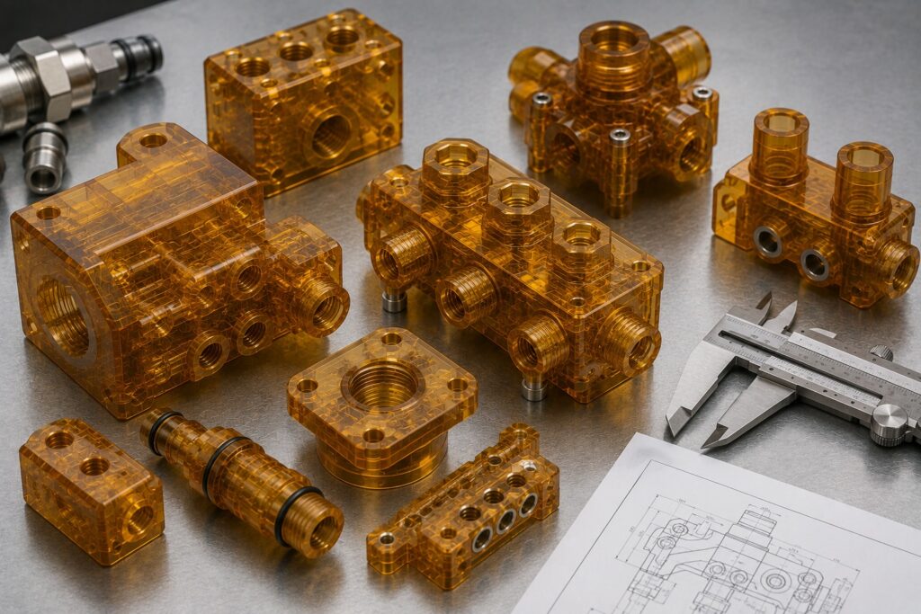CNC machined ULTEM fluid manifolds and valve blocks beside calipers
