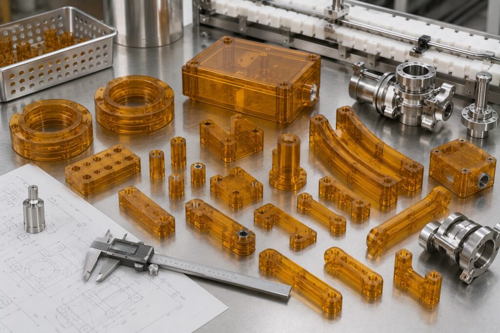 CNC machined ULTEM food processing parts beside calipers and stainless hardware