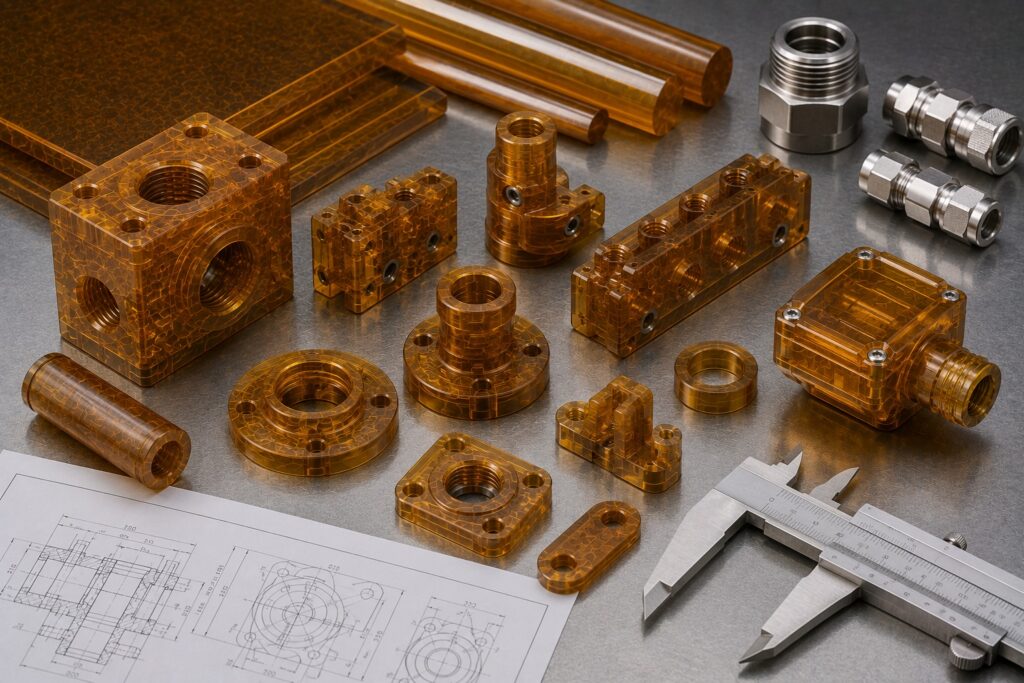 CNC machined ULTEM oil and gas fluid handling and support components beside calipers