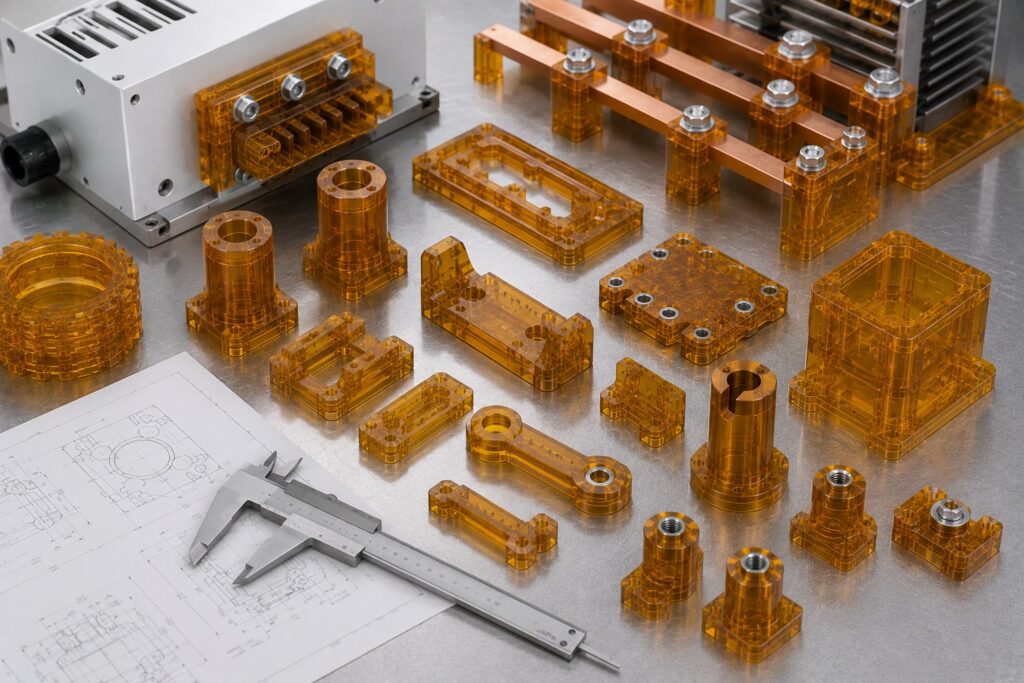 CNC machined ULTEM power electronics insulators and supports beside calipers