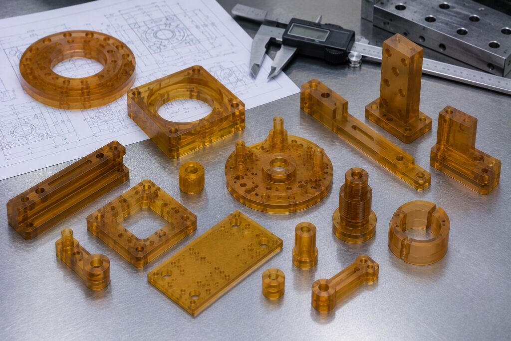 CNC machined ULTEM semiconductor fixtures beside calipers and engineering drawings