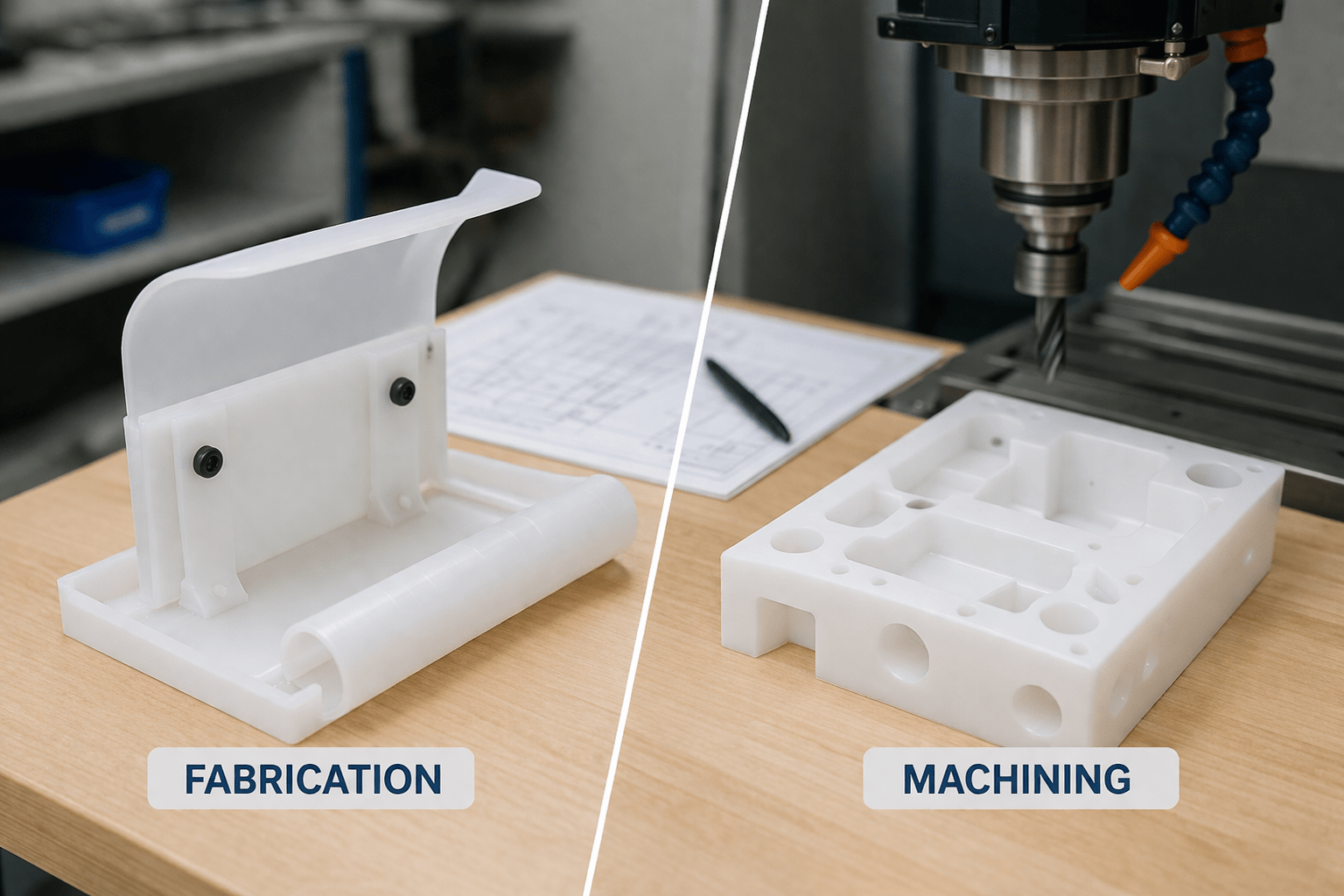 Plastic fabrication vs machining example with formed plastic assembly next to precision machined plastic component