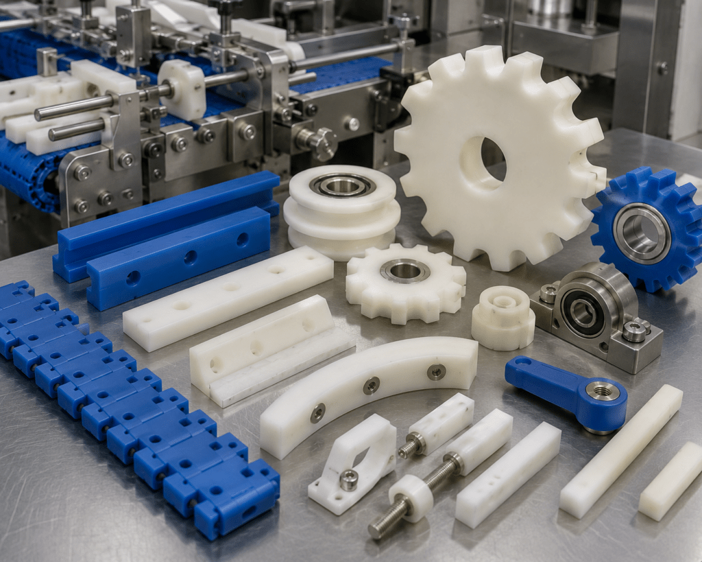 Food grade acetal POM packaging machine parts including star wheels timing screws and rollers