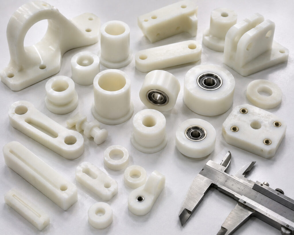 Close-up of machined Acetal POM aerospace spacers guides and rollers for support applications.