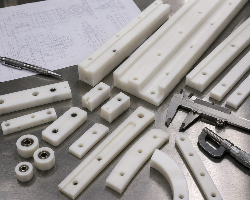 Machined acetal POM conveyor guide rails and wear strips with smooth low friction plastic surfaces.