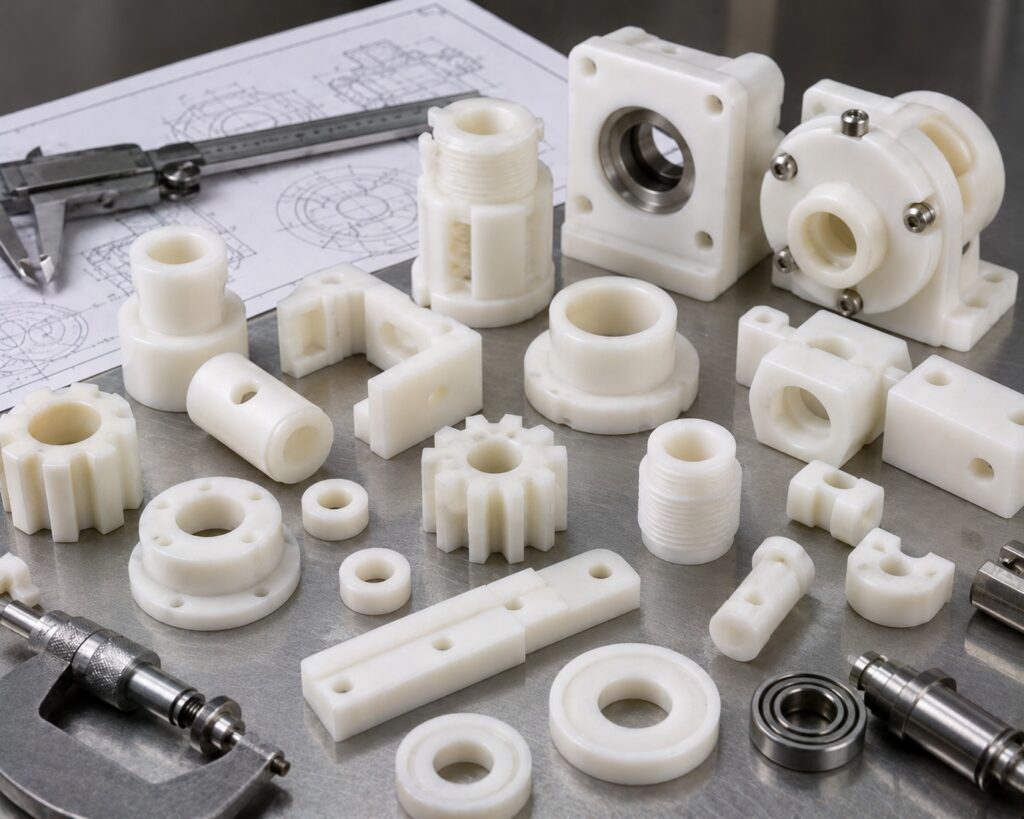 Machined acetal POM harsh industrial components including wear parts spacers and support fixtures