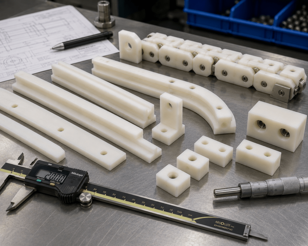 Machined acetal POM heavy equipment wear pads with chain guides and sleeve bearings