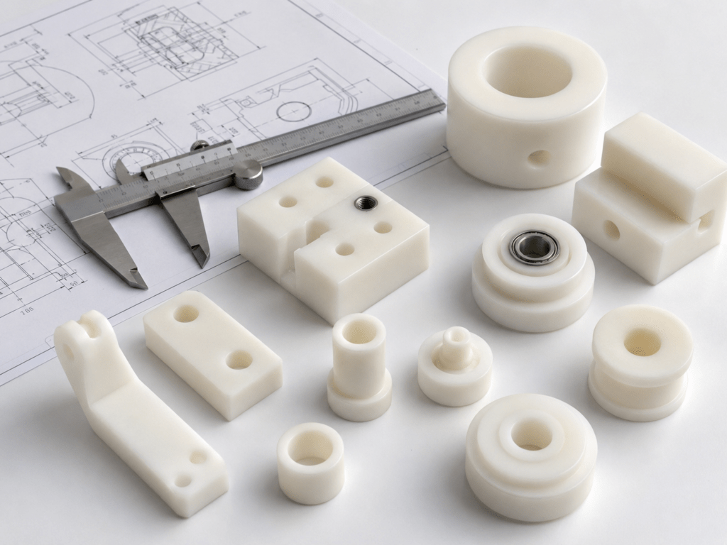 CNC machined acetal POM for medical components beside calipers and an engineering drawing