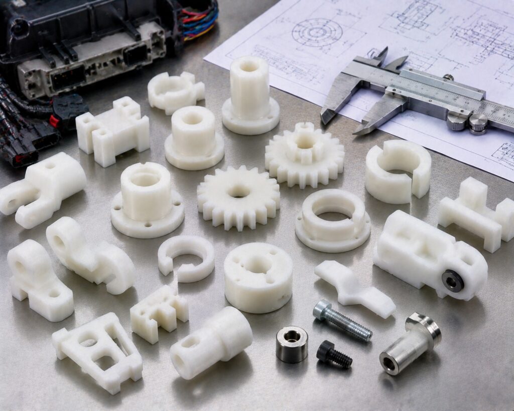 Machined acetal POM transportation gears clips and precision components beside calipers
