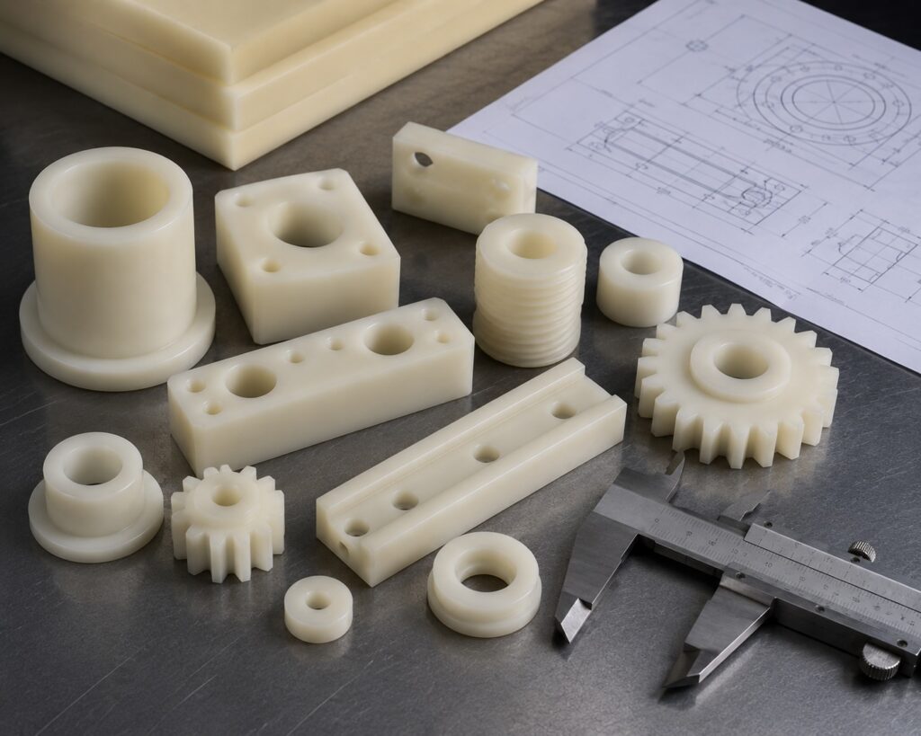 CNC machined Nylon 6/6 parts beside calipers and an engineering drawing