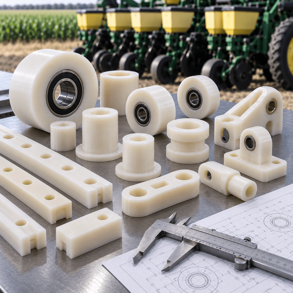 Machined nylon farm equipment bushings rollers and linkage parts