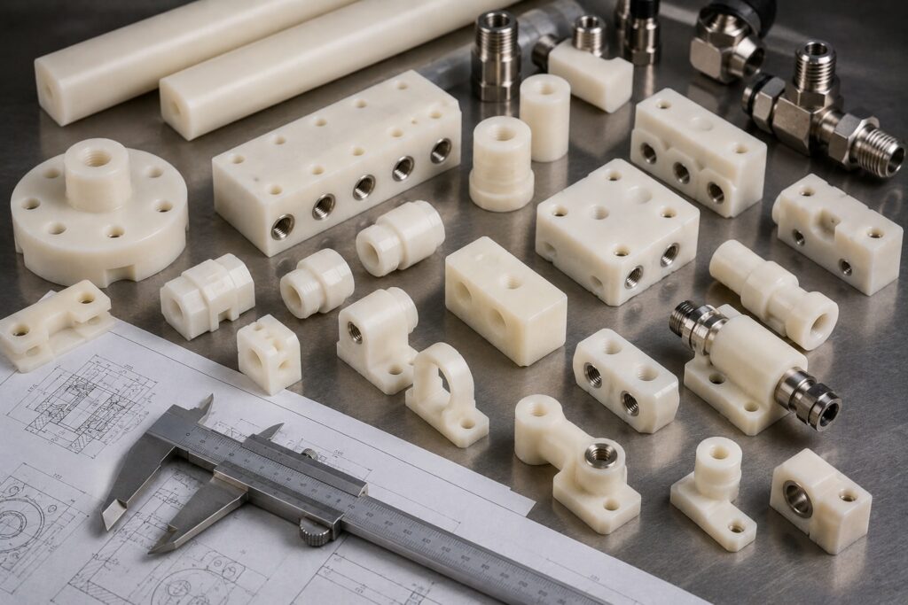 Machined nylon fluid control parts beside calipers and engineering drawings