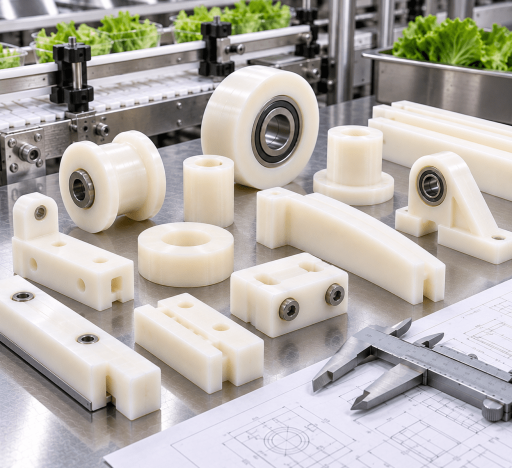 Machined nylon food processing parts beside calipers and a technical drawing