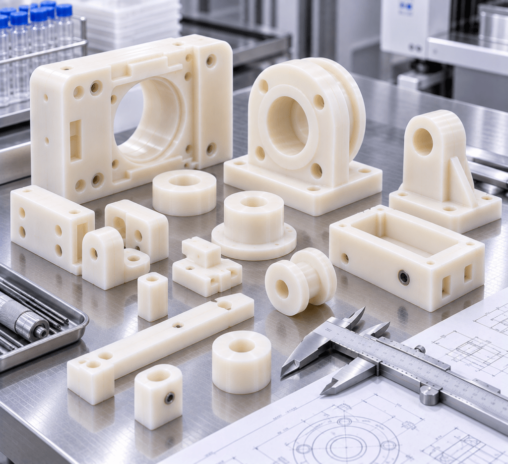 Machined nylon healthcare components beside calipers and technical drawings