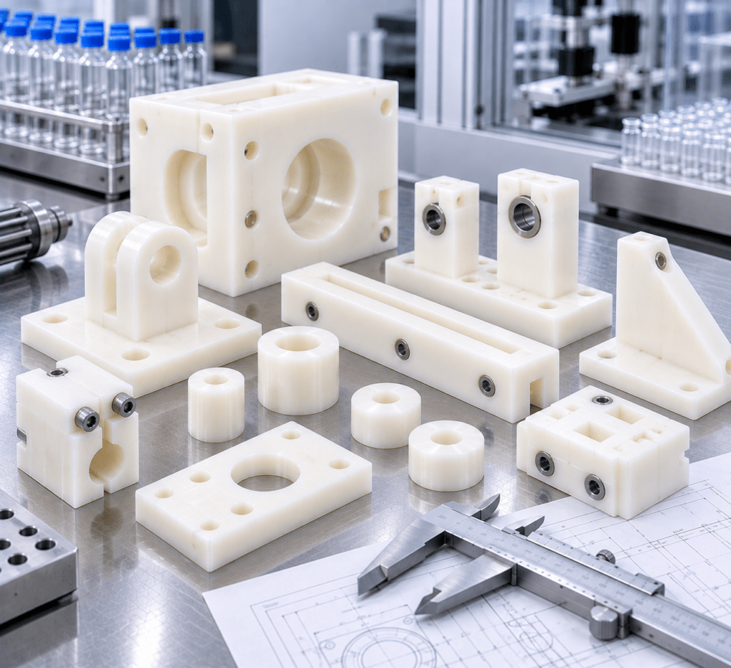 Machined nylon pharmaceutical fixtures and support parts beside calipers