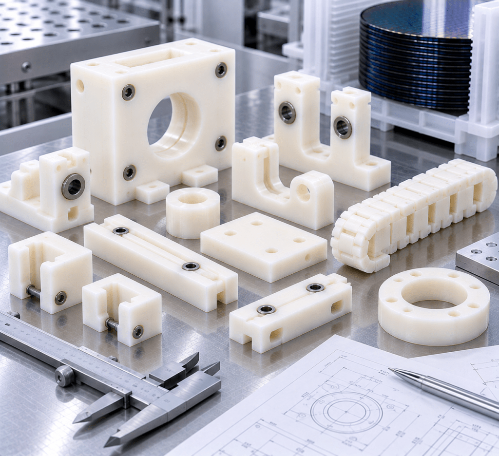 Machined nylon semiconductor tooling parts beside calipers and drawings