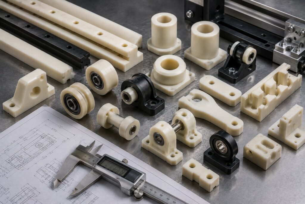 Machined nylon transportation wear parts with bushings rollers and support blocks
