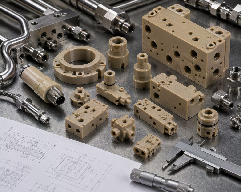 Machined PEEK fluidics and instrumentation parts beside calipers and tubing