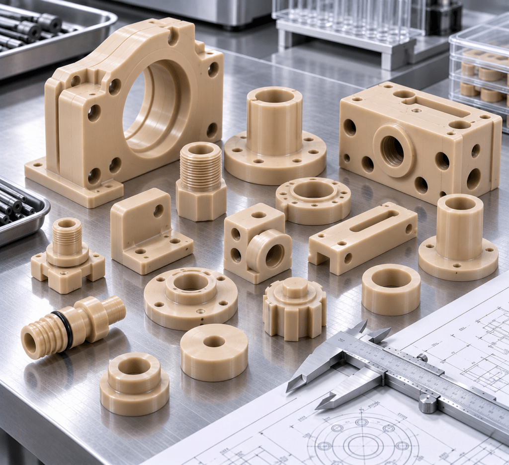 Machined PEEK lab equipment components beside calipers and technical drawings