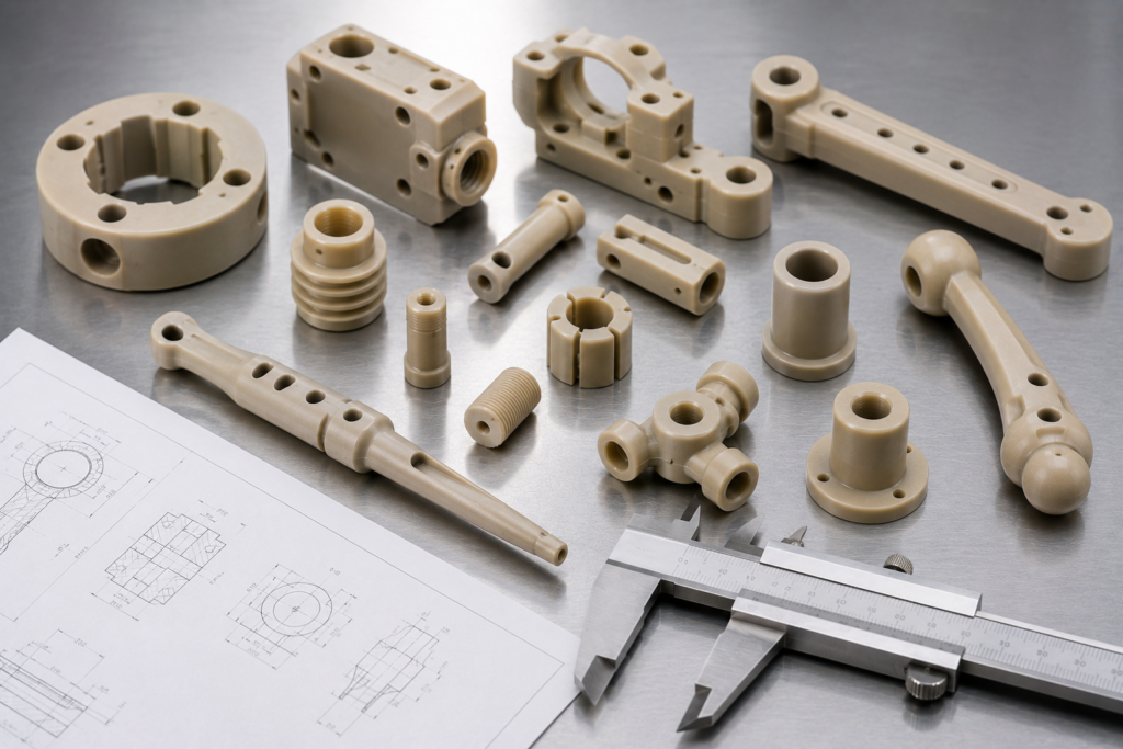 CNC-machined PEEK medical parts beside calipers and an engineering drawing