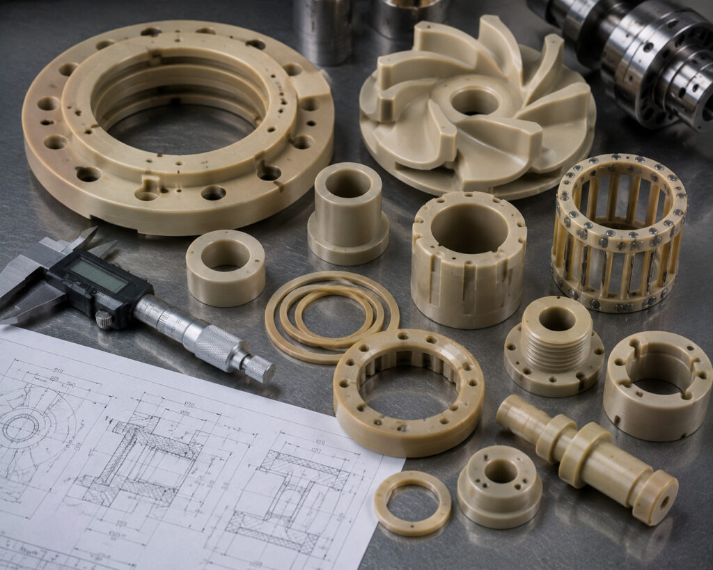 Machined PEEK pump and compressor parts including wear rings, bushings, and thrust washers