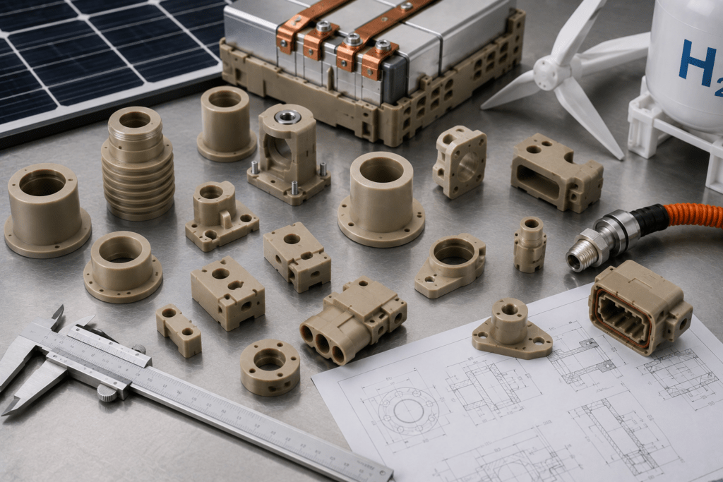 Machined PEEK renewable energy parts including bushings, sensor mounts, and insulating spacers