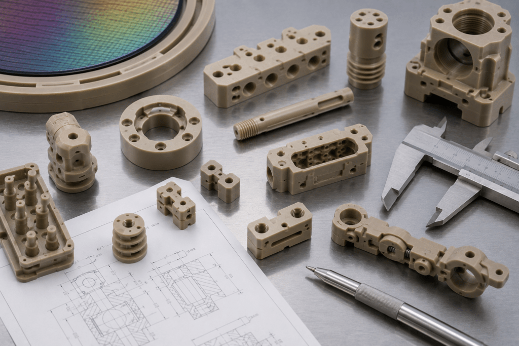 Machined PEEK semiconductor insulators, manifolds, and test-fixture components
